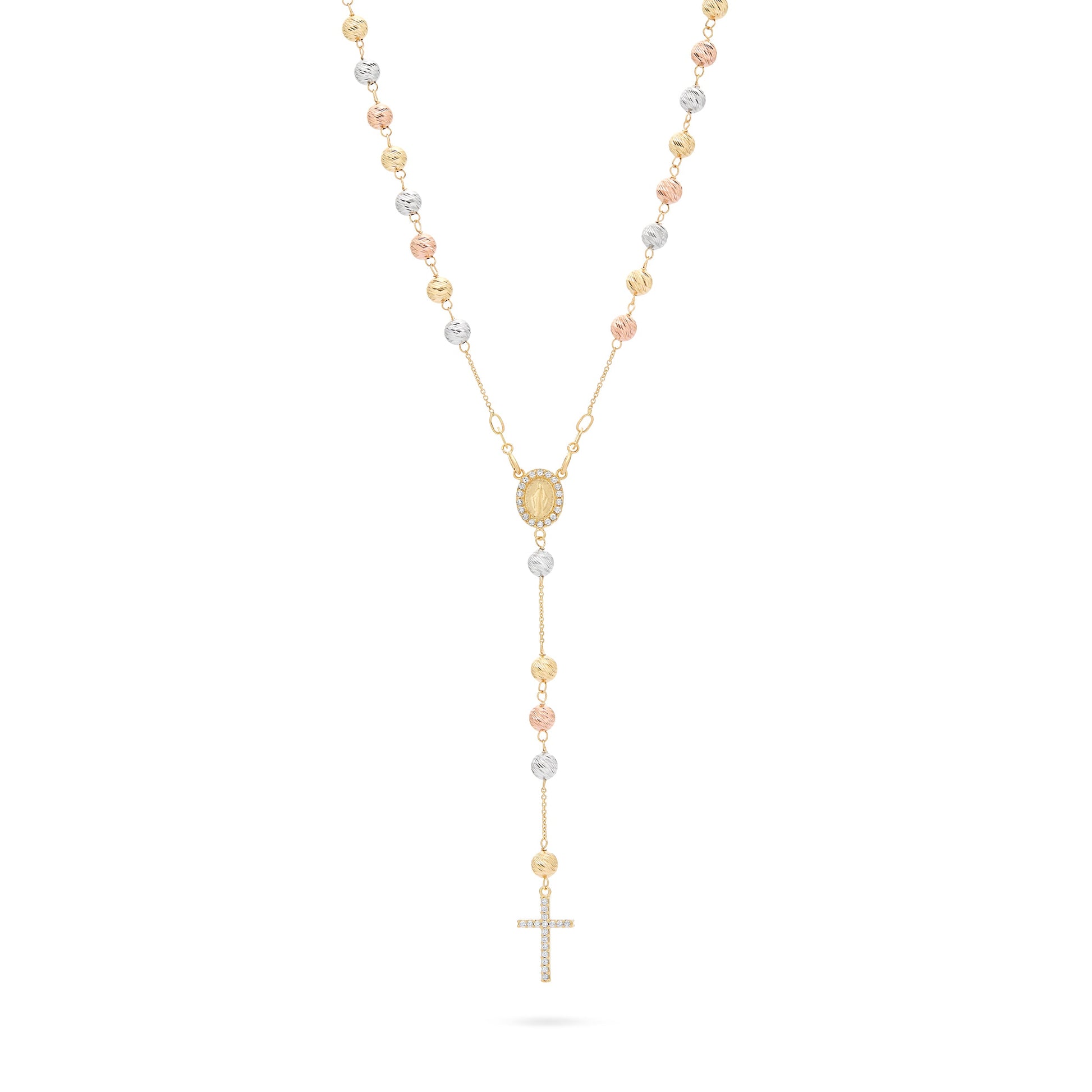 MONDO CATTOLICO ROMA Rosary 40 cm (15.75 in) / 5 mm (0.20 in) / 55 cm (21.65 in) Rosary with Yellow Gold, White Gold and Rose Gold Faceted Beads with Miraculous Medal and Cross in Cubic Zirconia