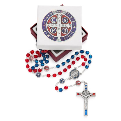 MONDO CATTOLICO Prayer Beads Saint Benedict Blue and Red Crystals Beads Rosary