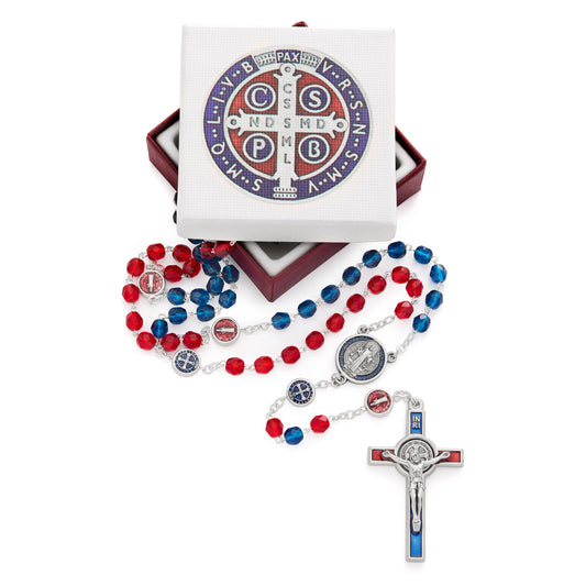 MONDO CATTOLICO Prayer Beads Saint Benedict Blue and Red Crystals Beads Rosary