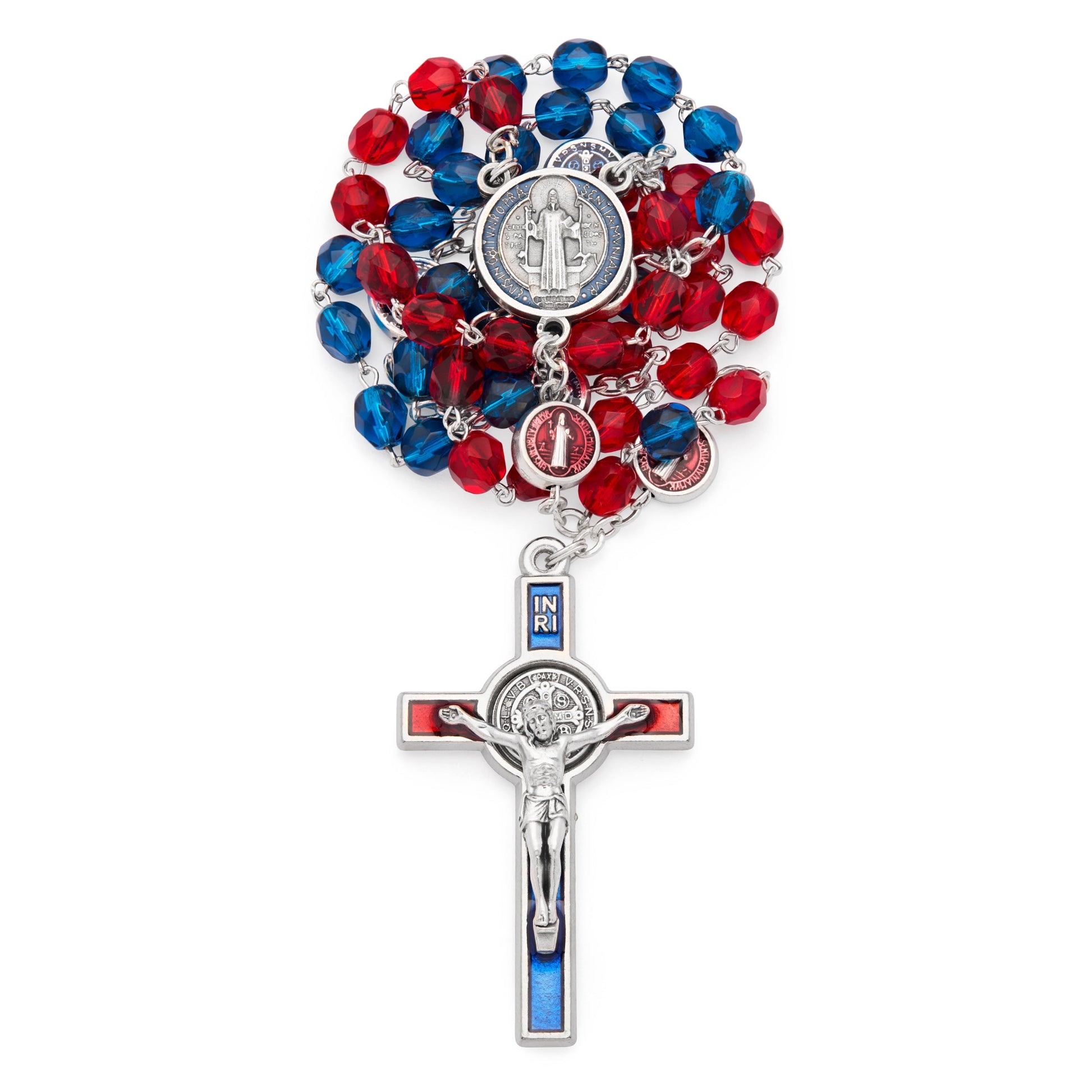 MONDO CATTOLICO ROMA Prayer Beads Saint Benedict Blue and Red Crystals Beads Rosary