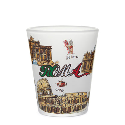 Mondo Cattolico Shot Glass 5.50 cm (2.17 in) Satin Souvenir Shot Glass with Rome's Monuments and Traditional Foods