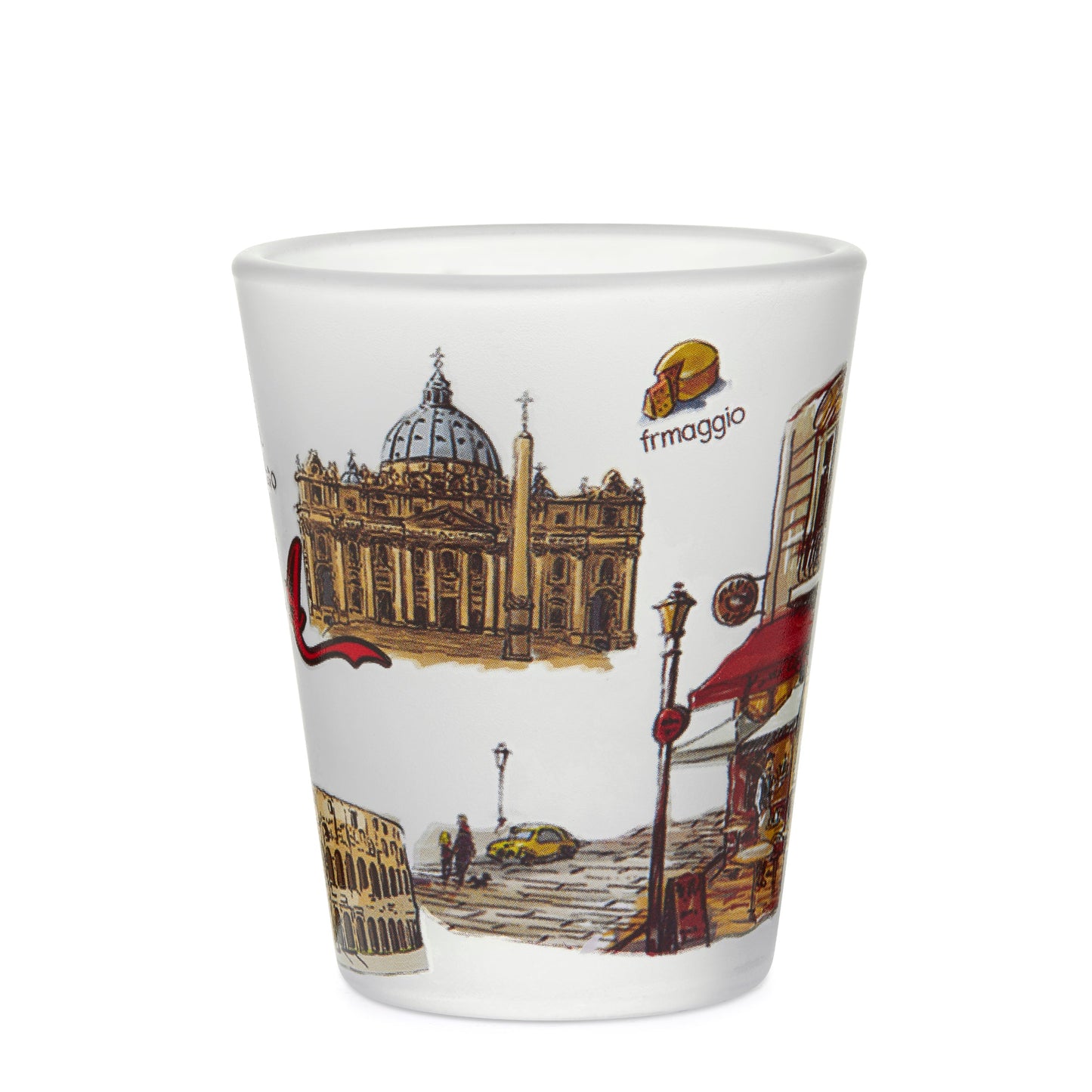 Mondo Cattolico Shot Glass 5.50 cm (2.17 in) Satin Souvenir Shot Glass with Rome's Monuments and Traditional Foods