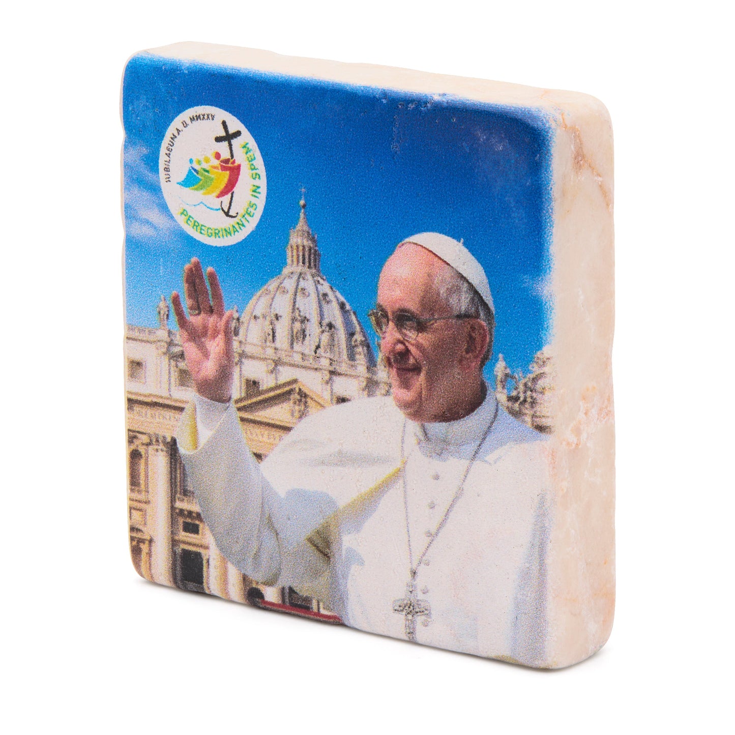 Mondo Cattolico Magnet 5x5 cm (1.97x1.97 in) Square Marble Dust Magnet with Pope Francis and Jubilee 2025 Logo