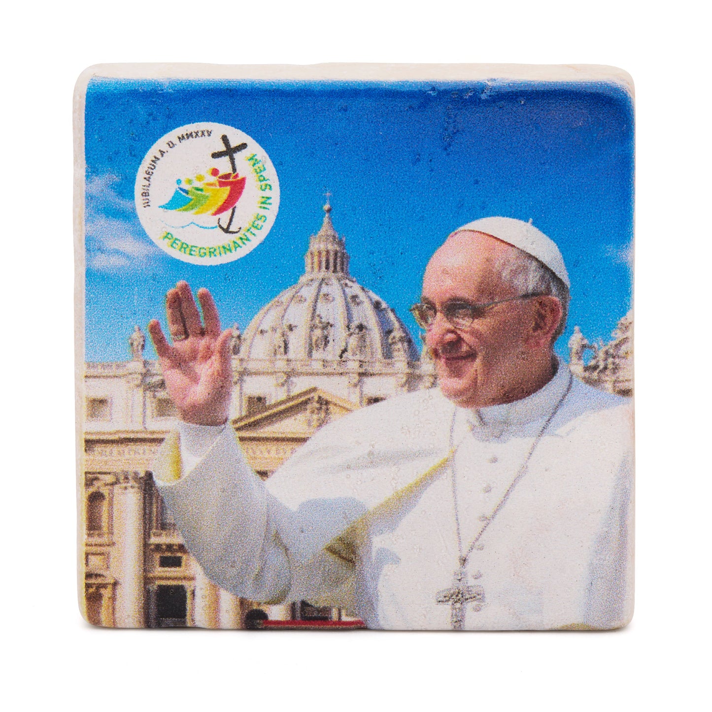 Mondo Cattolico Magnet 5x5 cm (1.97x1.97 in) Square Marble Dust Magnet with Pope Francis and Jubilee 2025 Logo