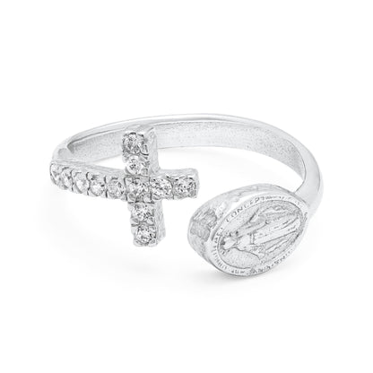 Mondo Cattolico Ring Adjustable Sterling Silver Adjustable Ring with Miraculous Medal and Cubic Zirconia Cross