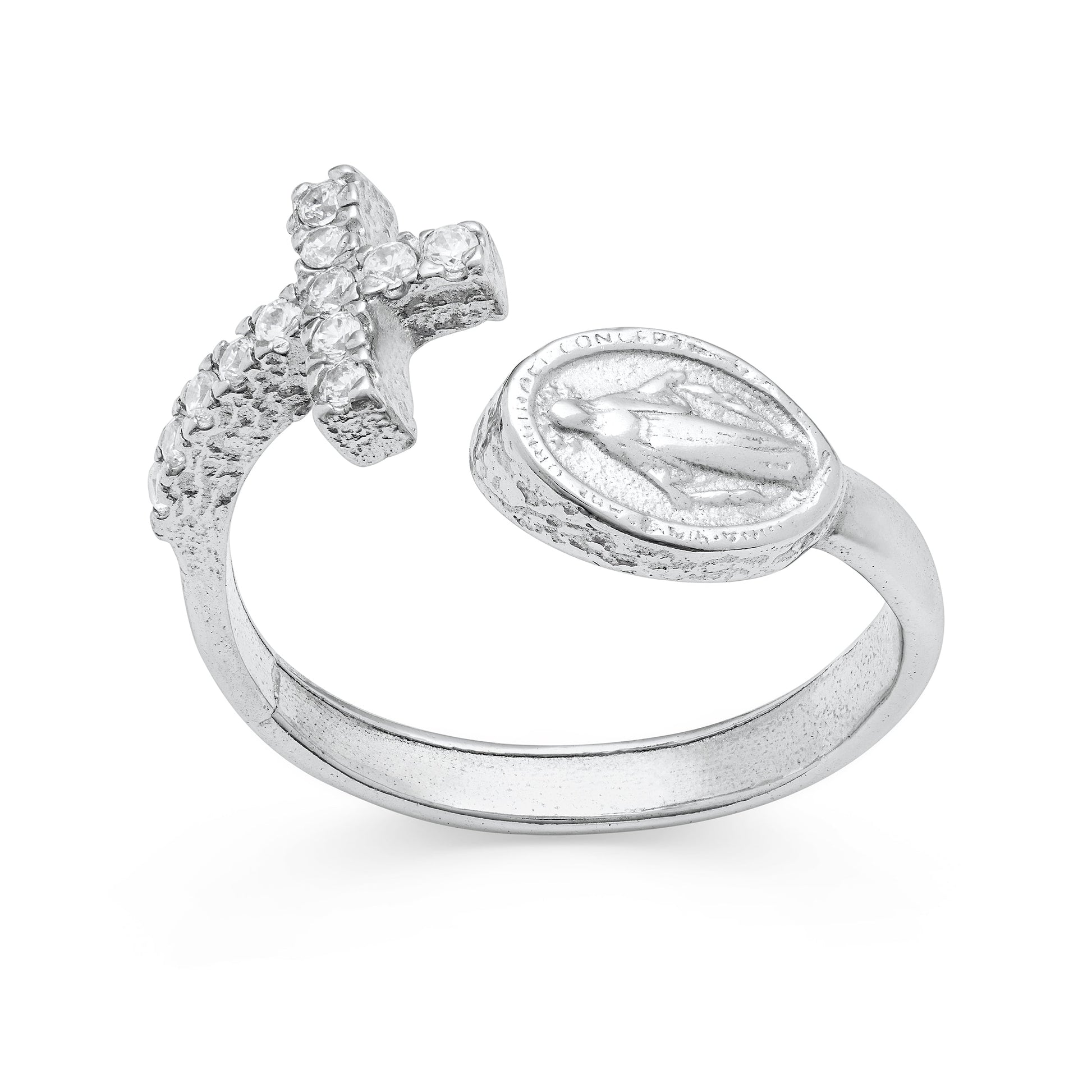 Mondo Cattolico Ring Adjustable Sterling Silver Adjustable Ring with Miraculous Medal and Cubic Zirconia Cross