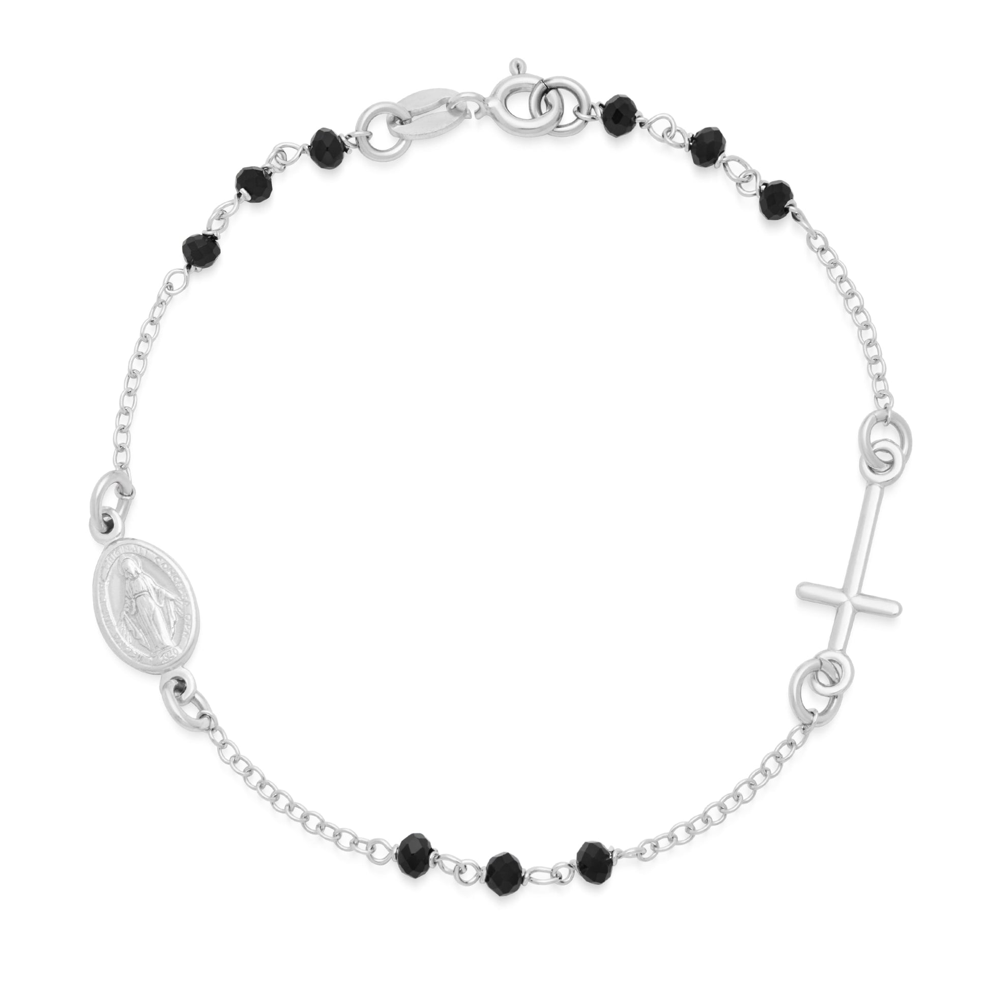 MONDO CATTOLICO ROMA Bracelet 18 cm (7.09 in) / 3 mm (0.12 in) Sterling Silver Bracelet with Black Beads Featuring the Miraculous Medal and a Cross