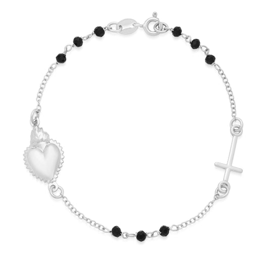 Mondo Cattolico Bracelet 18 cm (7.09 in) / 2.5 mm (0.10 in) Sterling Silver Bracelet with Black Beads Featuring the Sacred Heart and a Cross