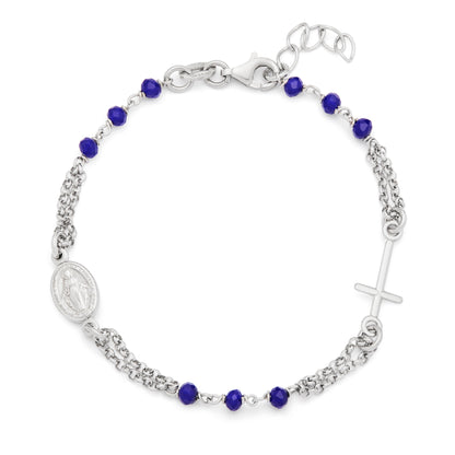 Mondo Cattolico Sterling Silver Bracelet with Blue Beads Featuring the Miraculous Medal and a Cross