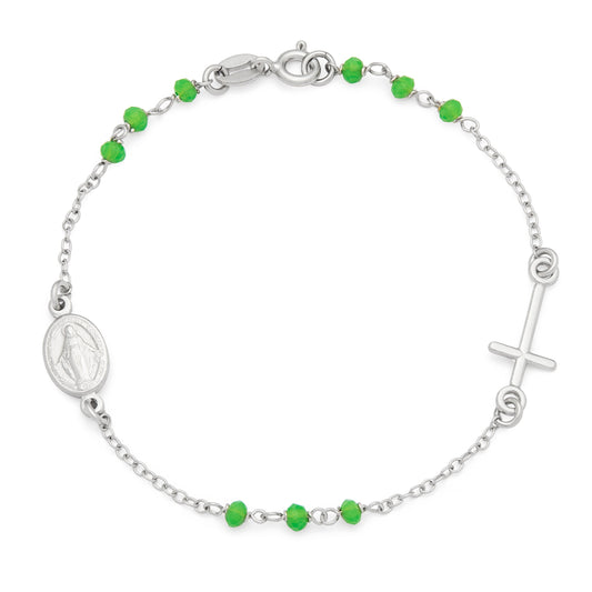 Mondo Cattolico Sterling Silver Bracelet with Green Beads Featuring the Miraculous Medal and a Cross