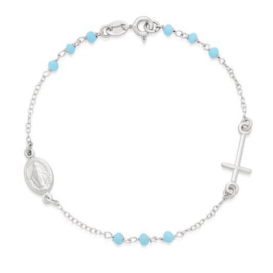 MONDO CATTOLICO ROMA Bracelet 18 cm (7.09 in) / 3 mm (0.12 in) Sterling Silver Bracelet with Light Blue Beads Featuring the Miraculous Medal and a Cross