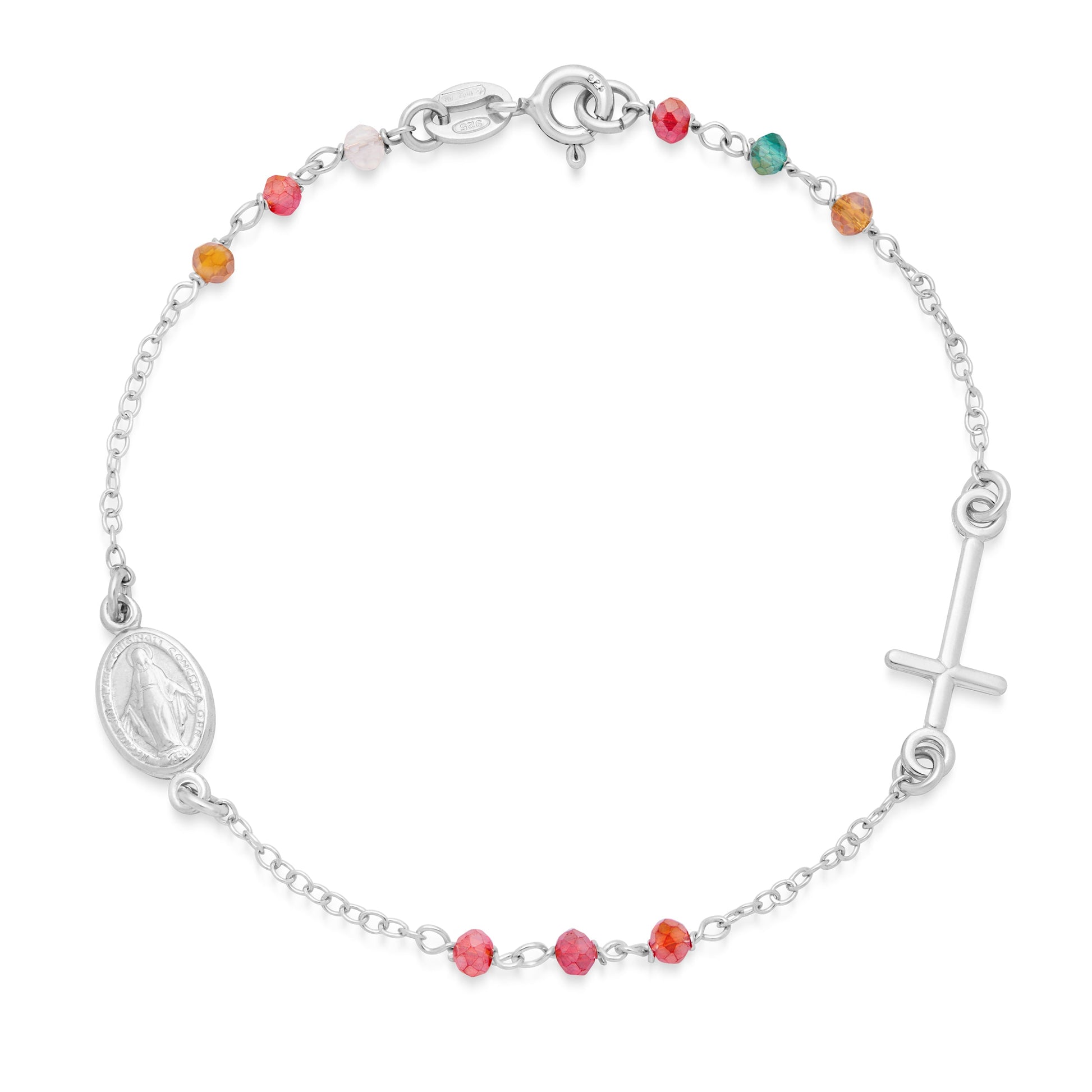 MONDO CATTOLICO ROMA Bracelet 18 cm (7.09 in) / 3 mm (0.12 in) Sterling Silver Bracelet with Multicolored Beads Featuring the Miraculous Medal and a Cross