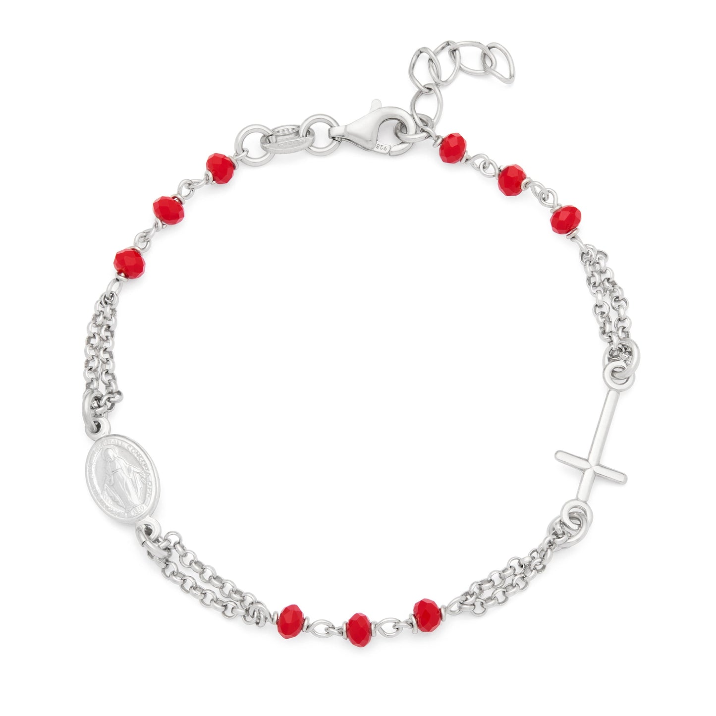 Mondo Cattolico Sterling Silver Bracelet with Red Beads Featuring the Miraculous Medal and a Cross