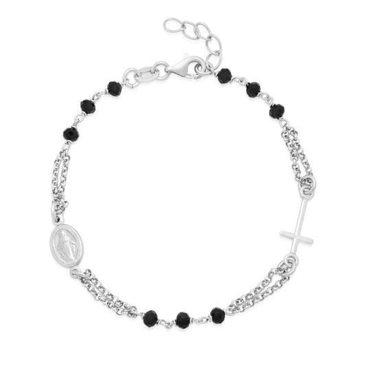 MONDO CATTOLICO ROMA Bracelet 18.5 - 20.5 cm (7.28 - 8.07 in) / 3 mm (0.12 in) Sterling Silver Double Strand Bracelet with Black Beads Featuring the Miraculous Medal and a Cross