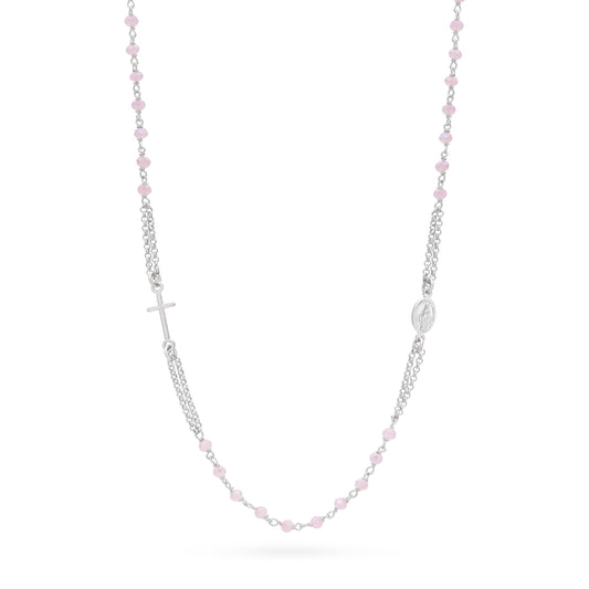 MONDO CATTOLICO ROMA Rosary 46 - 51 cm (18.11 - 20.08 in) / 3 mm (0.12 in) Sterling Silver Double Strand Rosary Necklace with Light Pink Beads