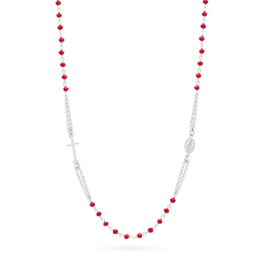 MONDO CATTOLICO ROMA Rosary 46 - 51 cm (18.11 - 20.08 in) / 3 mm (0.12 in) Sterling Silver Double Strand Rosary Necklace with Red Beads