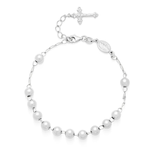 Mondo Cattolico Bracelet 20 - 22.5 cm (7.87 - 8.86 in) / 6 mm (0.24 in) Sterling Silver Rosary Bracelet with Miraculous Medal and Final Cross Pendant