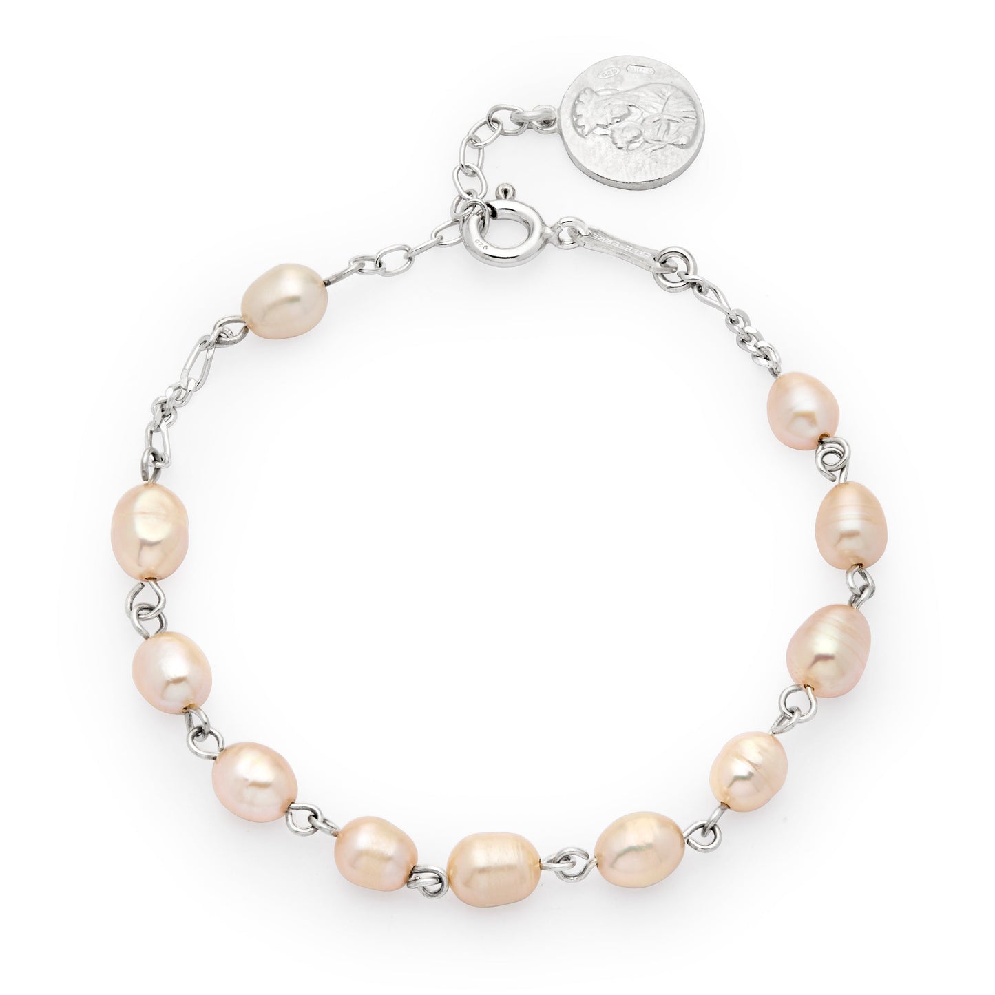 MONDO CATTOLICO ROMA Bracelet 18 - 21 cm (7.09 - 8.27 in) / 6x8 mm (0.24x0.31 in) Sterling Silver Rosary Bracelet with Pink Freshwater Pearl Beads