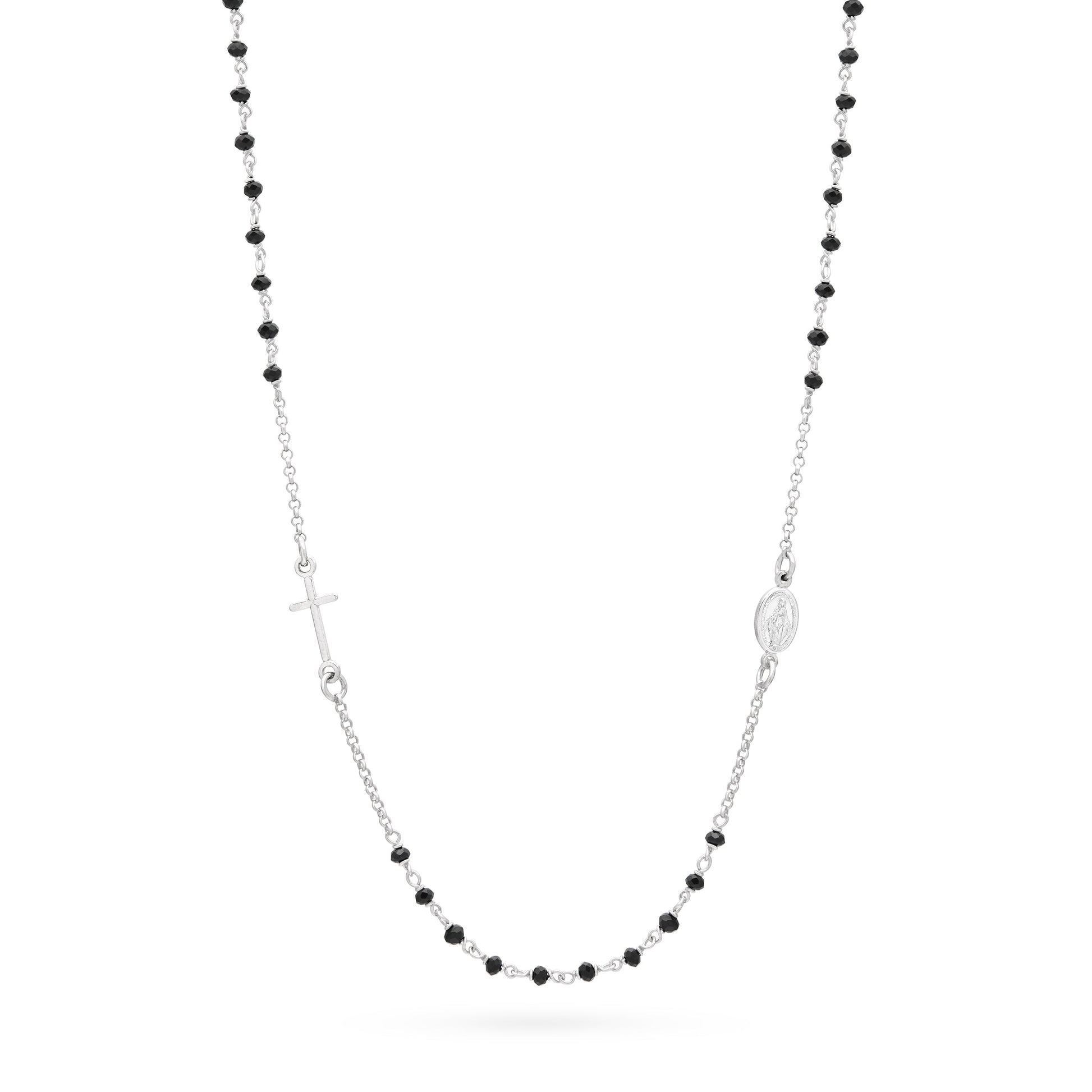 MONDO CATTOLICO ROMA Rosary 45 - 50 cm (17.72 - 19.69 in) / 3.5 mm (0.14 in) Sterling Silver Rosary Necklace with Black Beads Featuring the Miraculous Medal