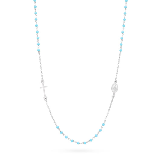 Mondo Cattolico Rosary 46 cm (18.11 in) / 3 mm (0.12 in) Sterling Silver Rosary Necklace with Light Blue Beads