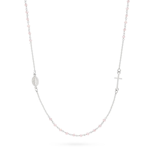 Mondo Cattolico Rosary 46 cm (18.11 in) / 3 mm (0.12 in) Sterling Silver Rosary Necklace with Light Pink Beads