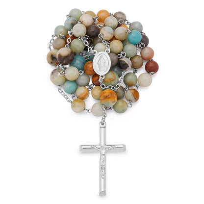 MONDO CATTOLICO ROMA Rosary 55 cm (21.65 in) / 75 cm (29.53 in) / 8 mm (0.31 in) Sterling Silver Rosary with Amazonite Beads