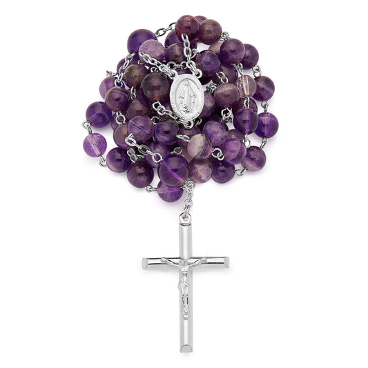 MONDO CATTOLICO ROMA Rosary 54 cm (21.26 in) / 75 cm (29.53 in) / 8 mm (0.31 in) Sterling Silver Rosary with Amethyst Beads