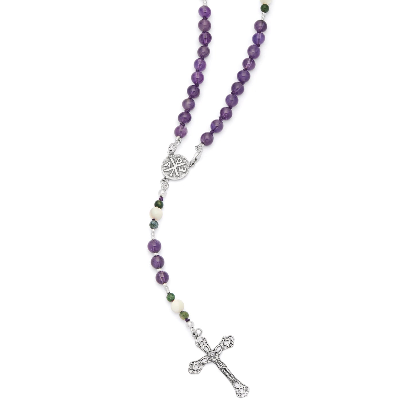 Mondo Cattolico Rosary 36 cm (14.17 in) / 46 cm (18.11 in) / 6 mm (0.24 in) Sterling Silver Rosary with Amethyst, Mother-of-pearl and Indian Agate Beads