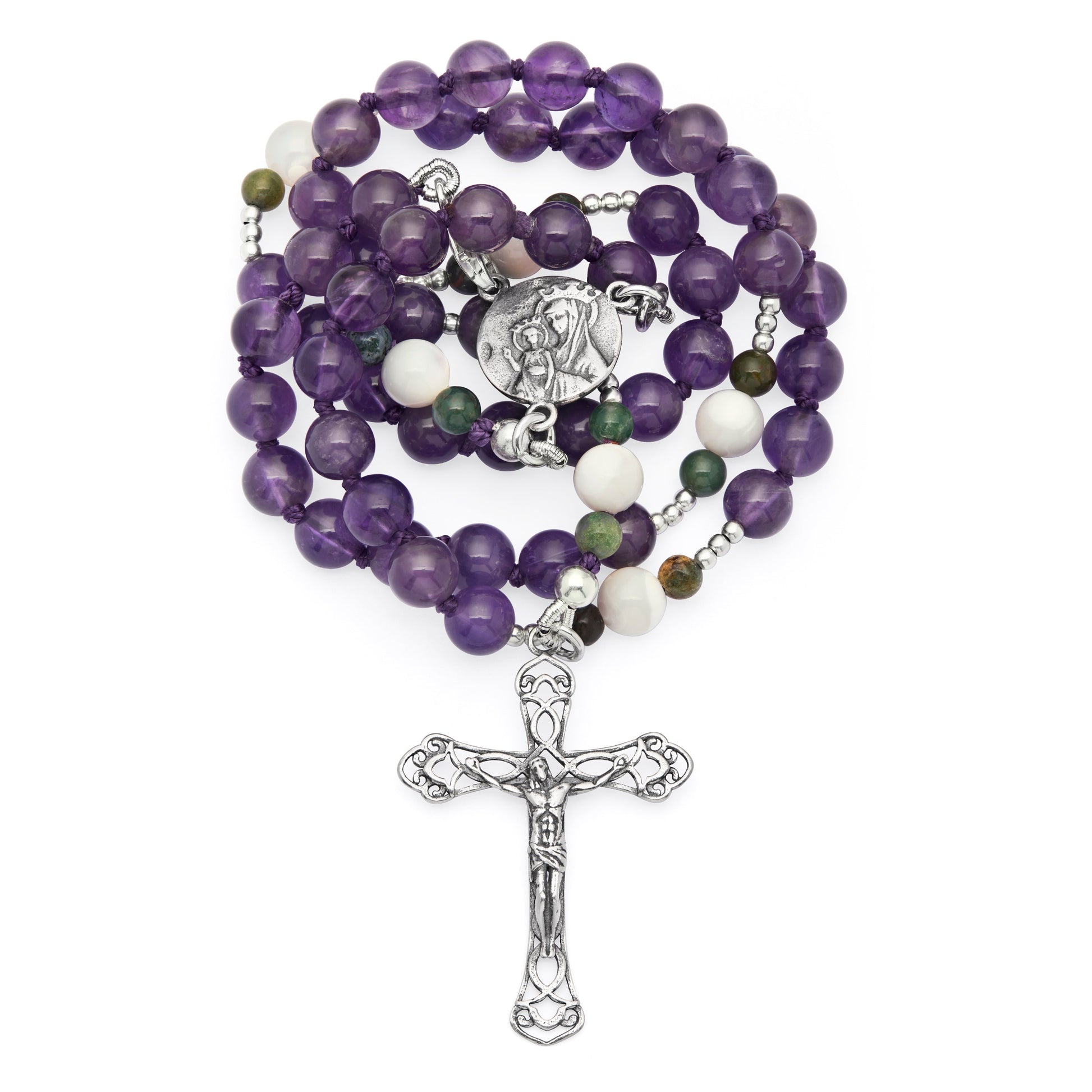 Mondo Cattolico Rosary 36 cm (14.17 in) / 46 cm (18.11 in) / 6 mm (0.24 in) Sterling Silver Rosary with Amethyst, Mother-of-pearl and Indian Agate Beads