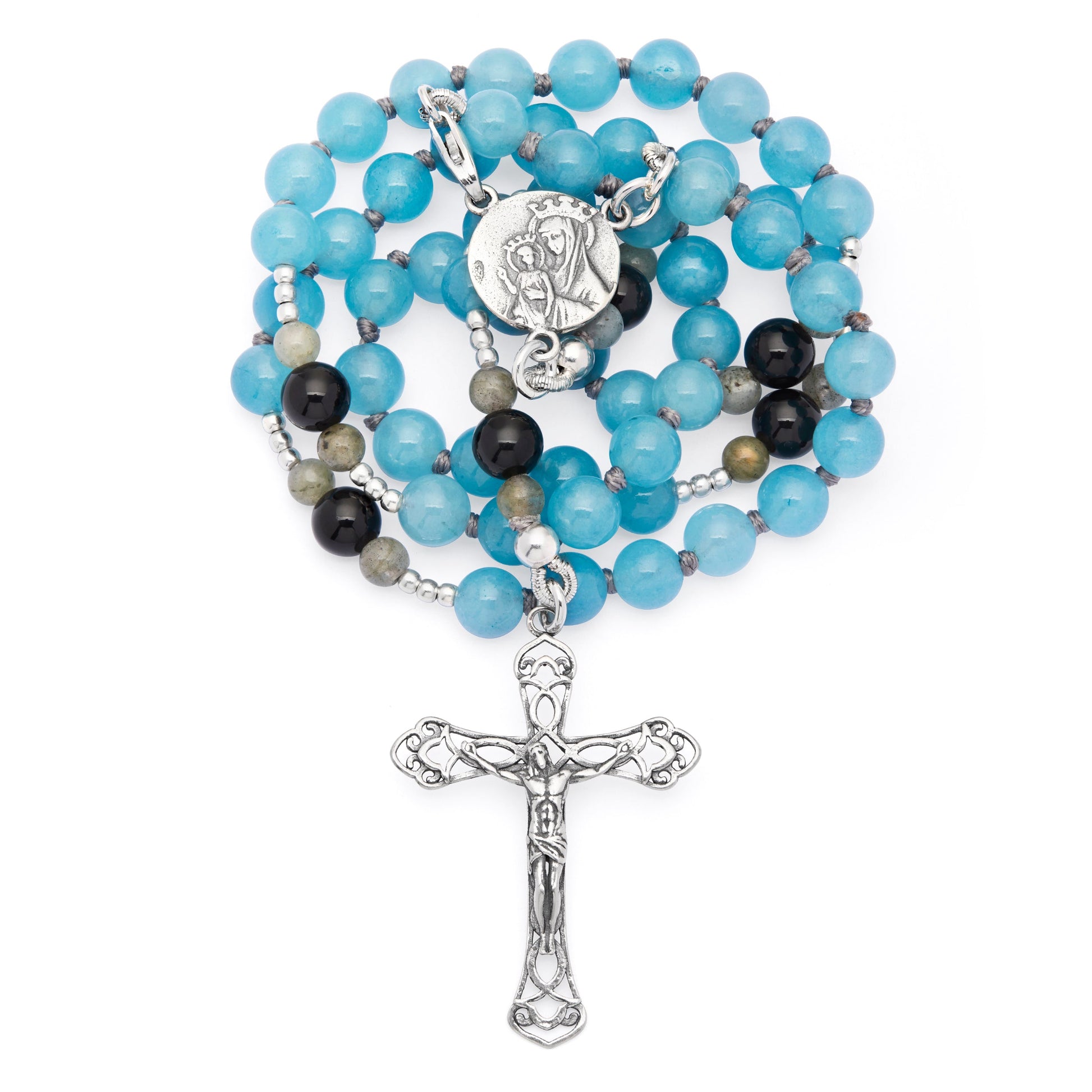 Mondo Cattolico Rosary 36 cm (14.17 in) / 46 cm (18.11 in) / 6 mm (0.24 in) Sterling Silver Rosary with Angelite, Mother-of-pearl and Labradorite Beads