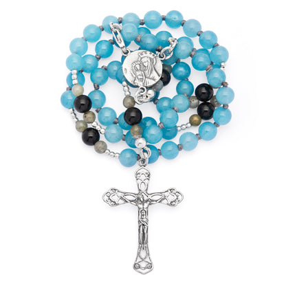 Mondo Cattolico Rosary 36 cm (14.17 in) / 46 cm (18.11 in) / 6 mm (0.24 in) Sterling Silver Rosary with Angelite, Mother-of-pearl and Labradorite Beads