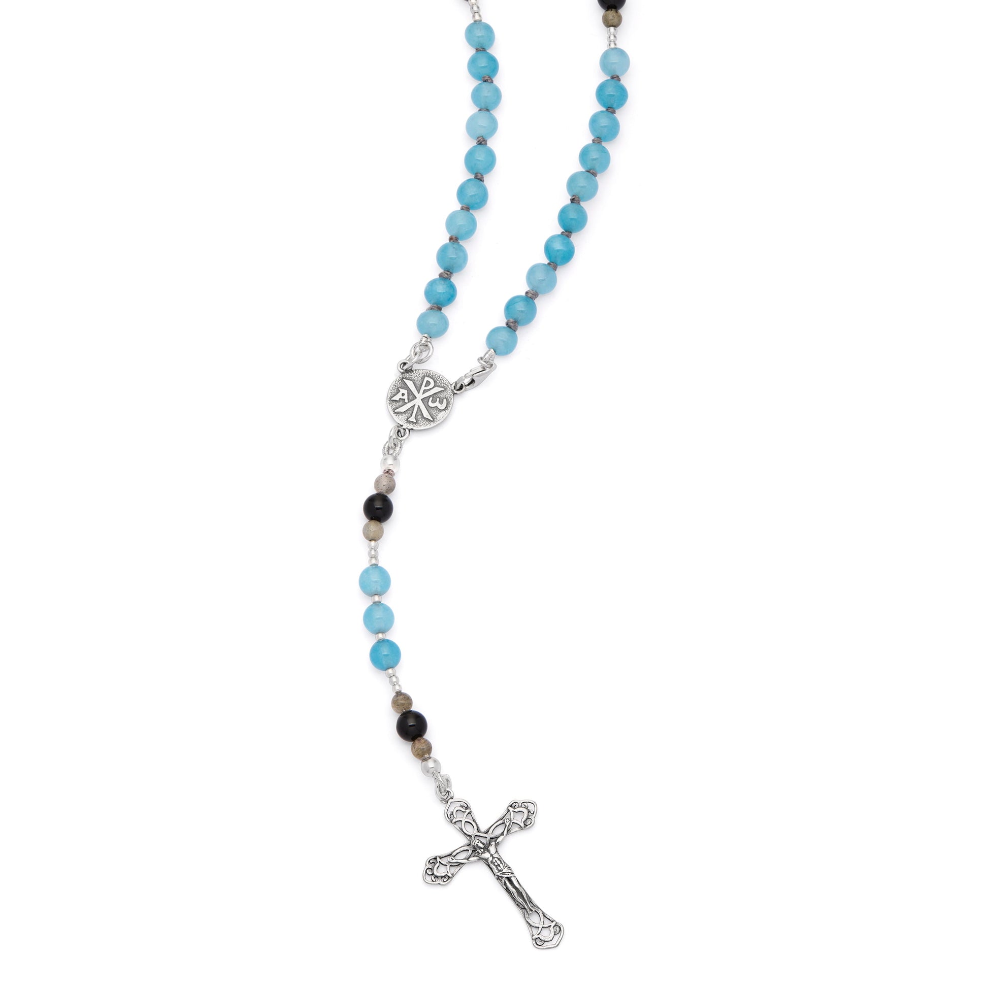 Mondo Cattolico Rosary 36 cm (14.17 in) / 46 cm (18.11 in) / 6 mm (0.24 in) Sterling Silver Rosary with Angelite, Mother-of-pearl and Labradorite Beads