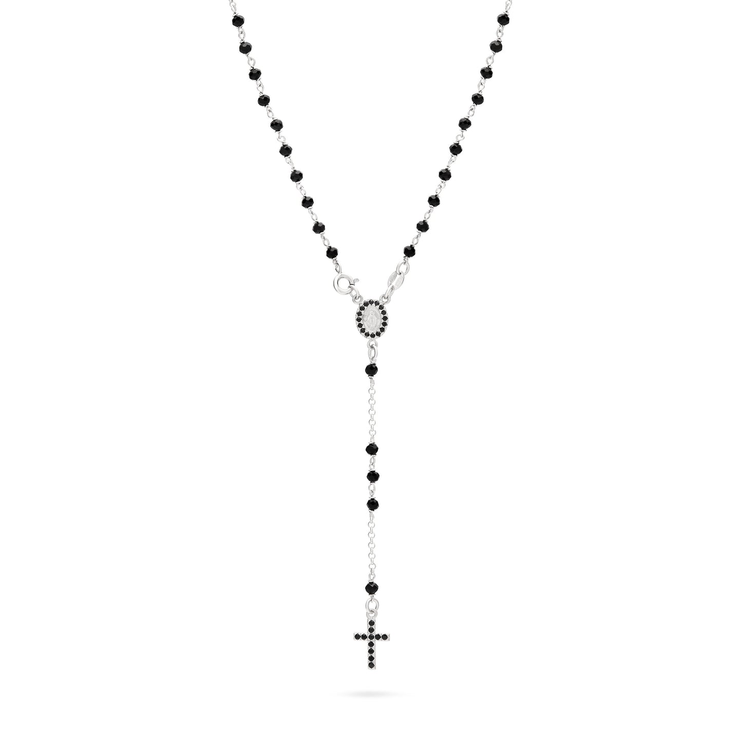 MONDO CATTOLICO ROMA Rosary 37 cm (14.57 in) / 53 cm (20.87 in) / 3 mm (0.12 in) Sterling Silver Rosary with Black Beads and Black Cubic Zirconia