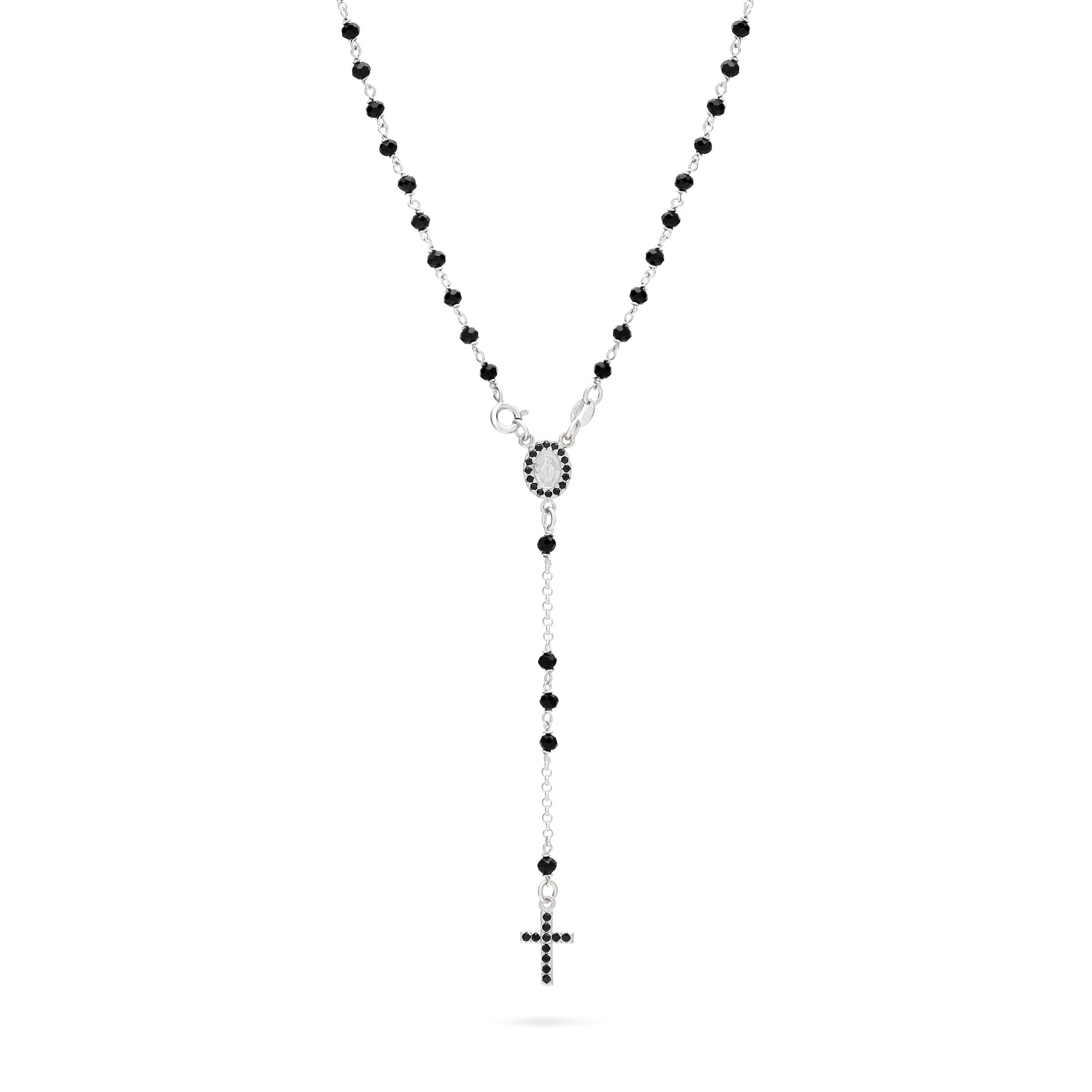 MONDO CATTOLICO ROMA Rosary 37 cm (14.57 in) / 53 cm (20.87 in) / 3 mm (0.12 in) Sterling Silver Rosary with Black Beads and Black Cubic Zirconia