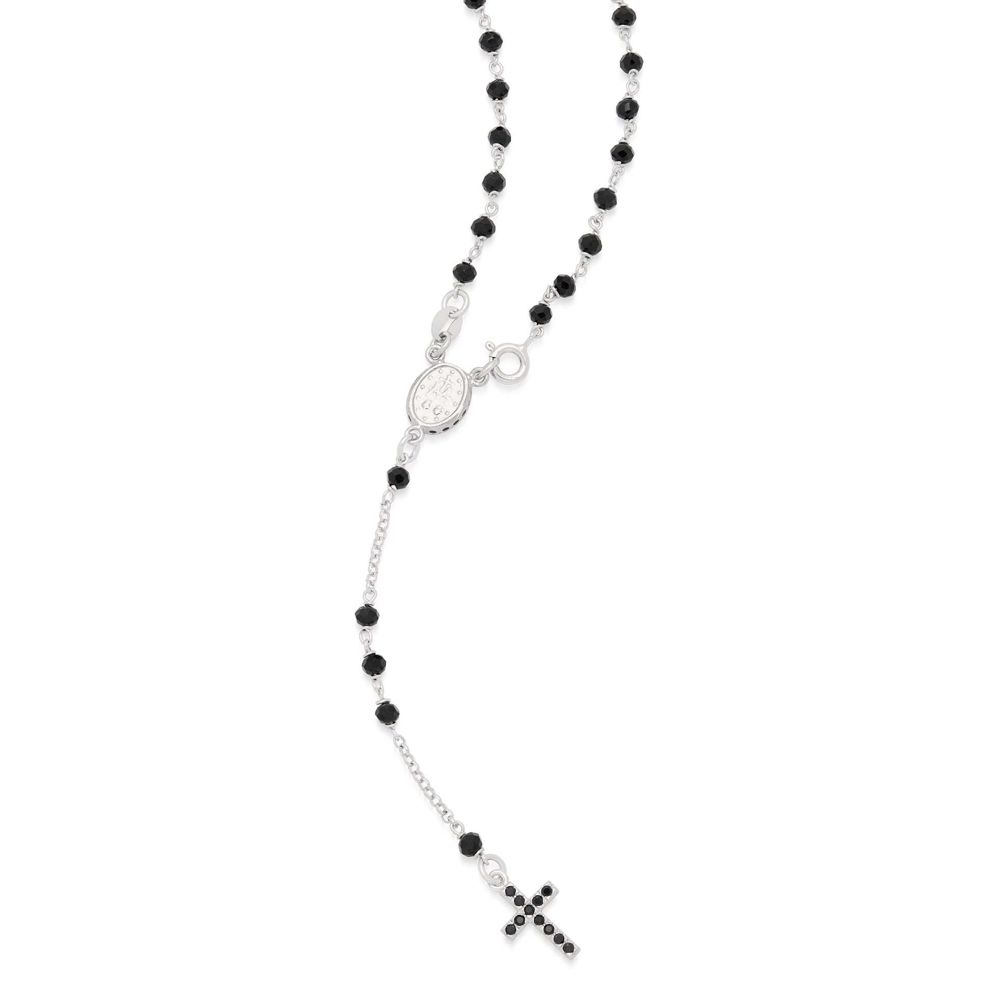 MONDO CATTOLICO ROMA Rosary 37 cm (14.57 in) / 53 cm (20.87 in) / 3 mm (0.12 in) Sterling Silver Rosary with Black Beads and Black Cubic Zirconia