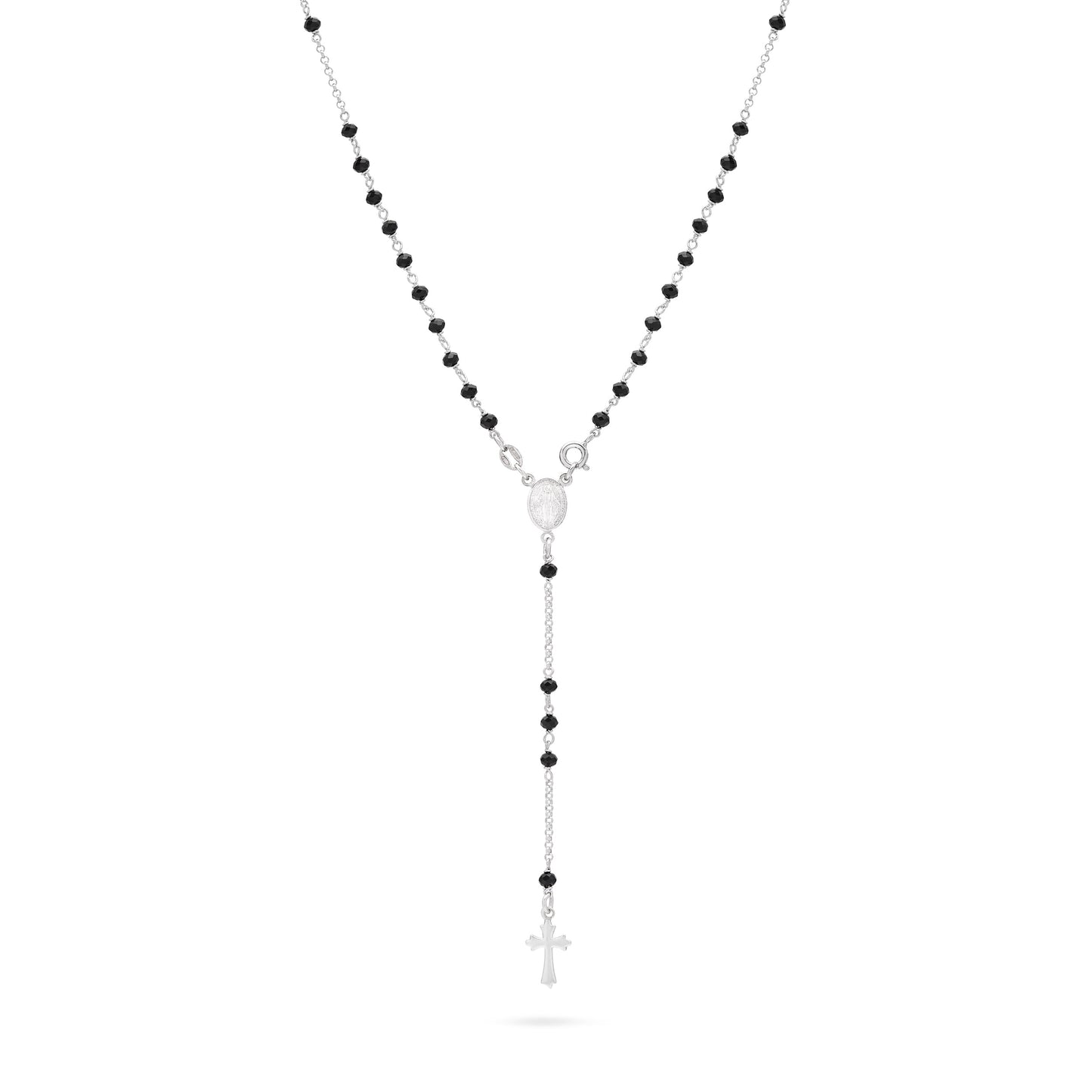 MONDO CATTOLICO ROMA Rosary 37 cm (14.57 in) / 54 cm (21.26 in) / 3 mm (0.12 in) Sterling Silver Rosary with Black Beads and Trefoil Cross