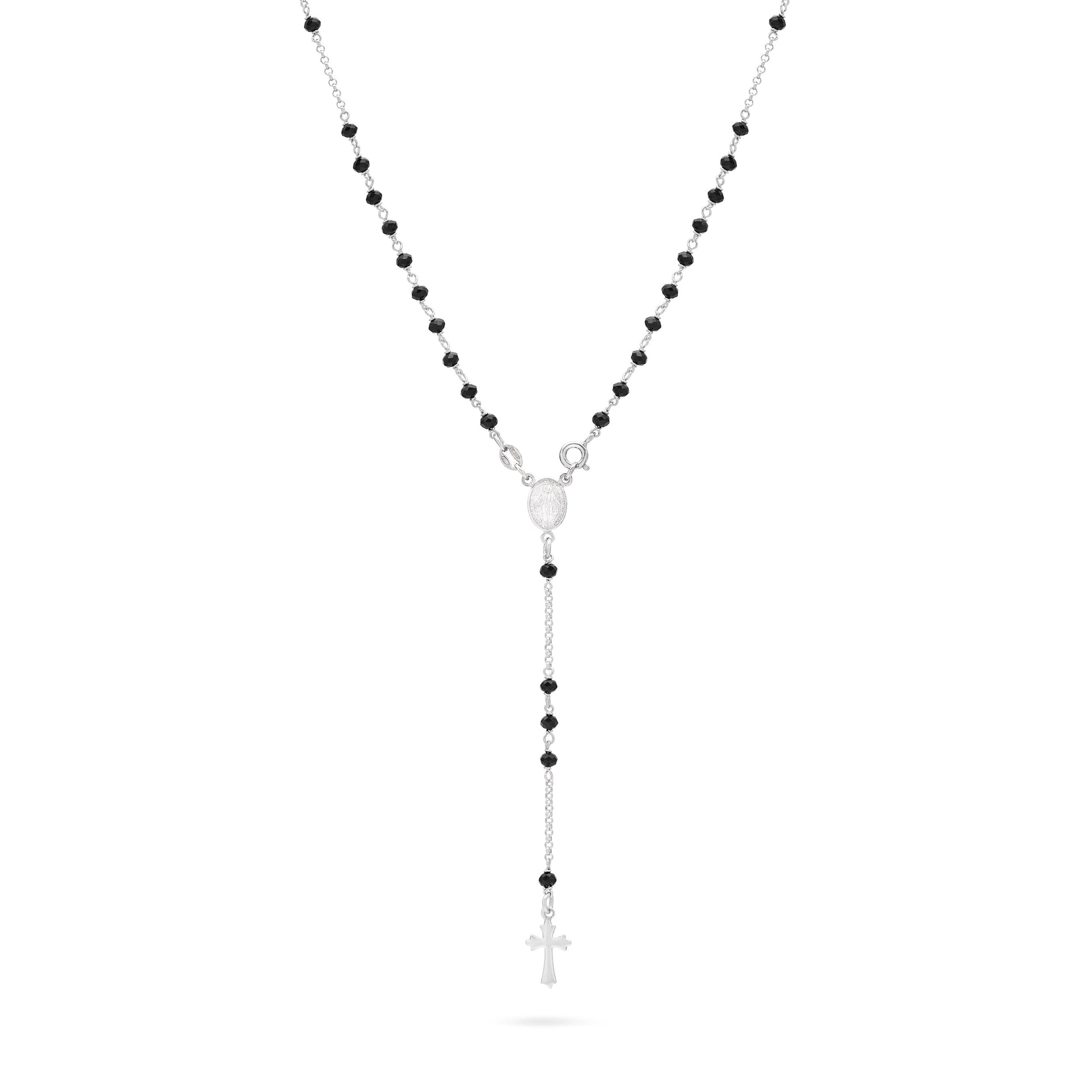 MONDO CATTOLICO ROMA Rosary 37 cm (14.57 in) / 54 cm (21.26 in) / 3 mm (0.12 in) Sterling Silver Rosary with Black Beads and Trefoil Cross