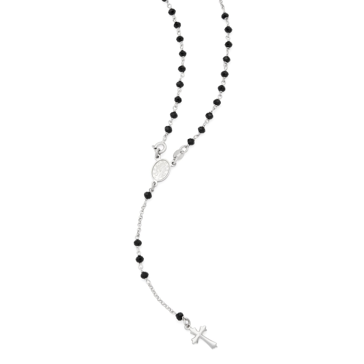 MONDO CATTOLICO ROMA Rosary 37 cm (14.57 in) / 54 cm (21.26 in) / 3 mm (0.12 in) Sterling Silver Rosary with Black Beads and Trefoil Cross