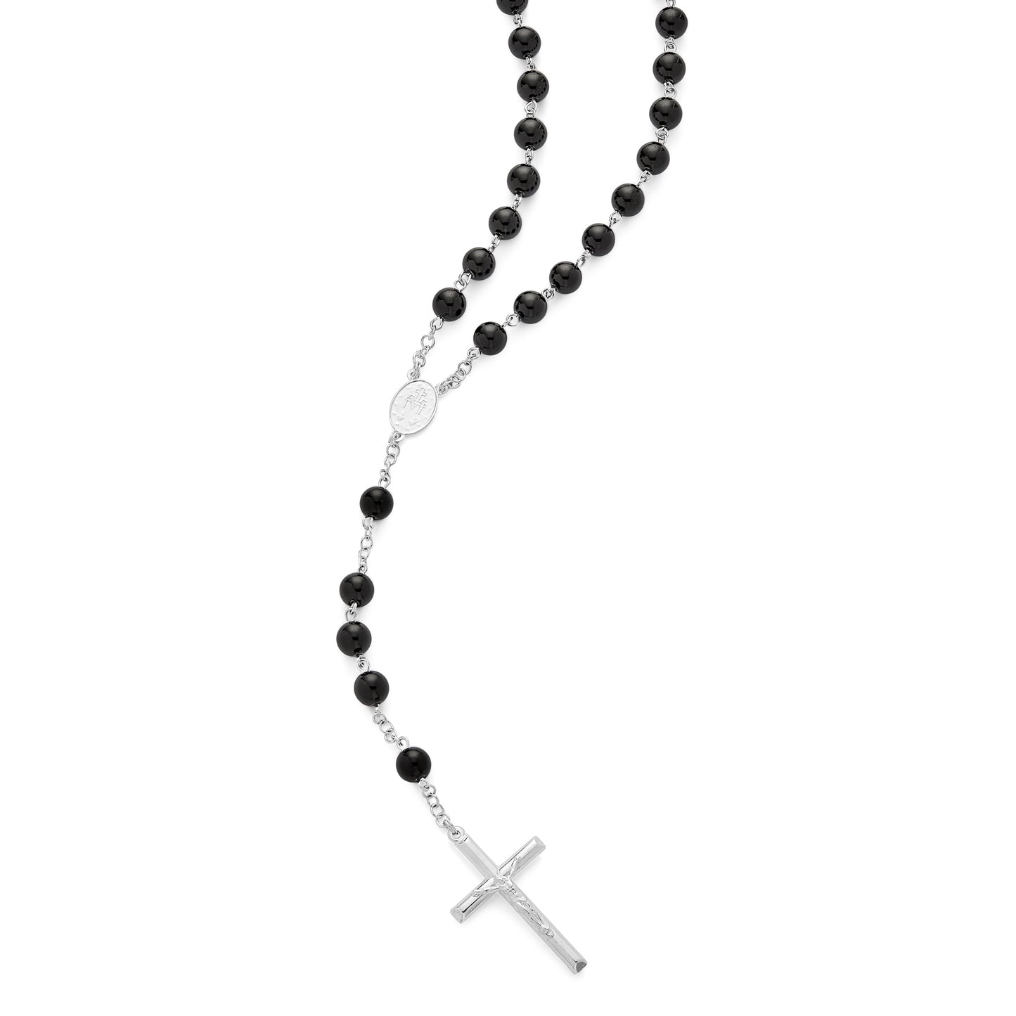 MONDO CATTOLICO ROMA Rosary 58 cm (22.83 in) / 80 cm (31.50 in) / 8 mm (0.31 in) Sterling Silver Rosary with Black Onyx Beads