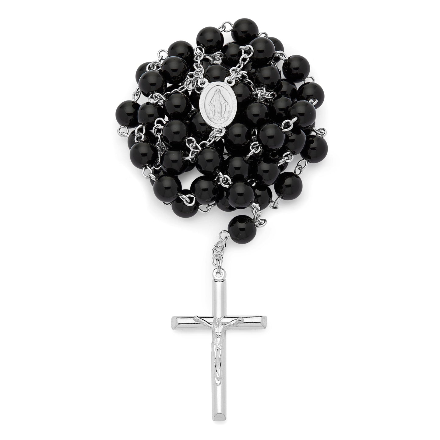 MONDO CATTOLICO ROMA Rosary 58 cm (22.83 in) / 80 cm (31.50 in) / 8 mm (0.31 in) Sterling Silver Rosary with Black Onyx Beads