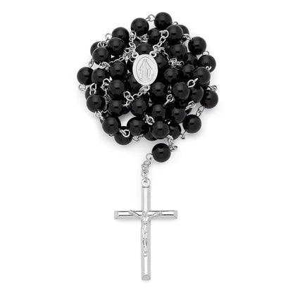 MONDO CATTOLICO ROMA Rosary 58 cm (22.83 in) / 80 cm (31.50 in) / 8 mm (0.31 in) Sterling Silver Rosary with Black Onyx Beads