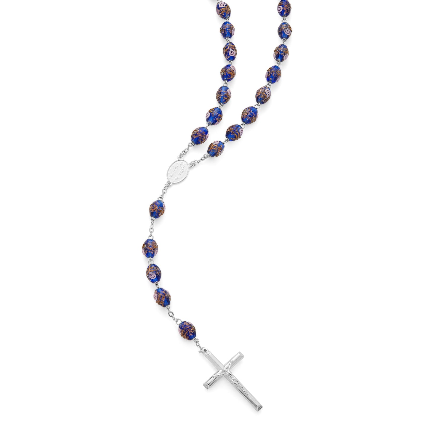 MONDO CATTOLICO ROMA Rosary 60 cm (23.62 in) / 85 cm (33.46 in) / 8 x 10 mm (0.31 x 0.39 in) Sterling Silver Rosary with Blue Glass Beads and Rosettes with the Miraculous Medal