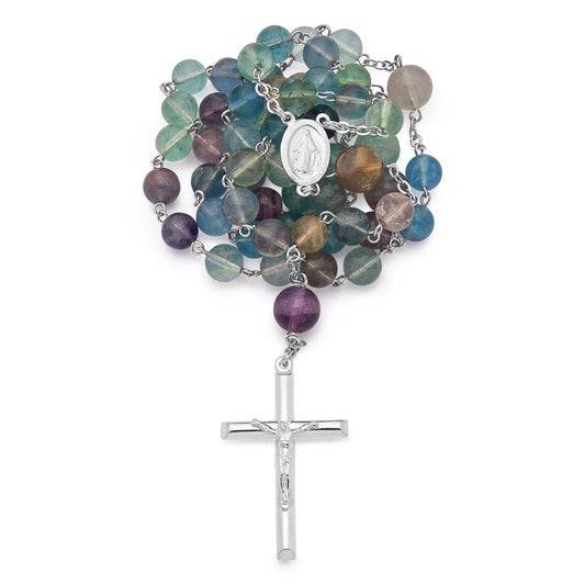 MONDO CATTOLICO ROMA Rosary 55 cm (21.65 in) / 75 cm (29.53 in) / 8 mm (0.31 in) Sterling Silver Rosary with Fluorite Beads