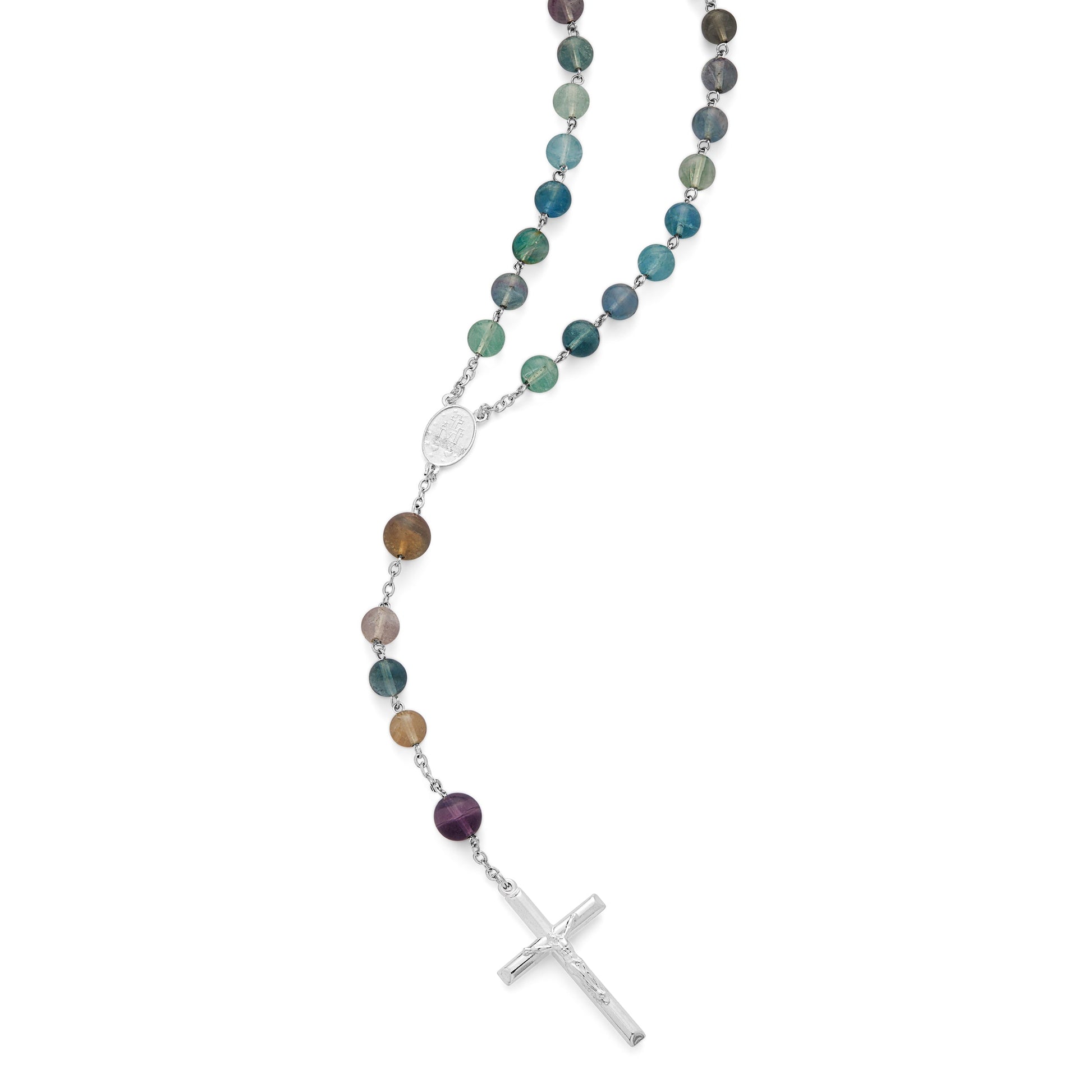 MONDO CATTOLICO ROMA Rosary 55 cm (21.65 in) / 75 cm (29.53 in) / 8 mm (0.31 in) Sterling Silver Rosary with Fluorite Beads