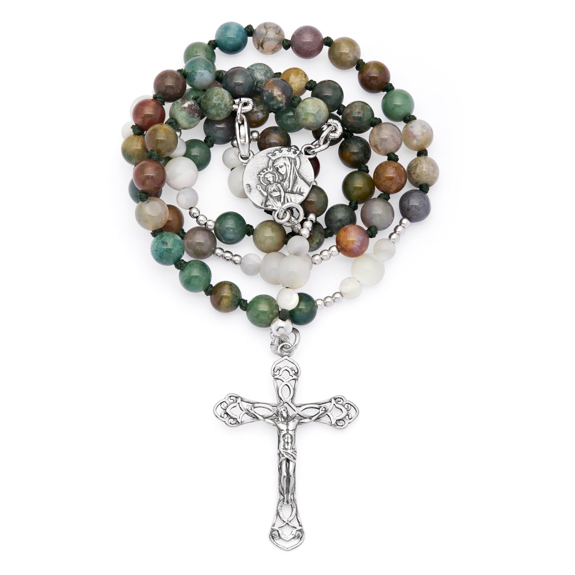 Mondo Cattolico Rosary 36 cm (14.17 in) / 46 cm (18.11 in) / 6 mm (0.24 in) Sterling Silver Rosary with Indian Agate and Mother-of-pearl Beads