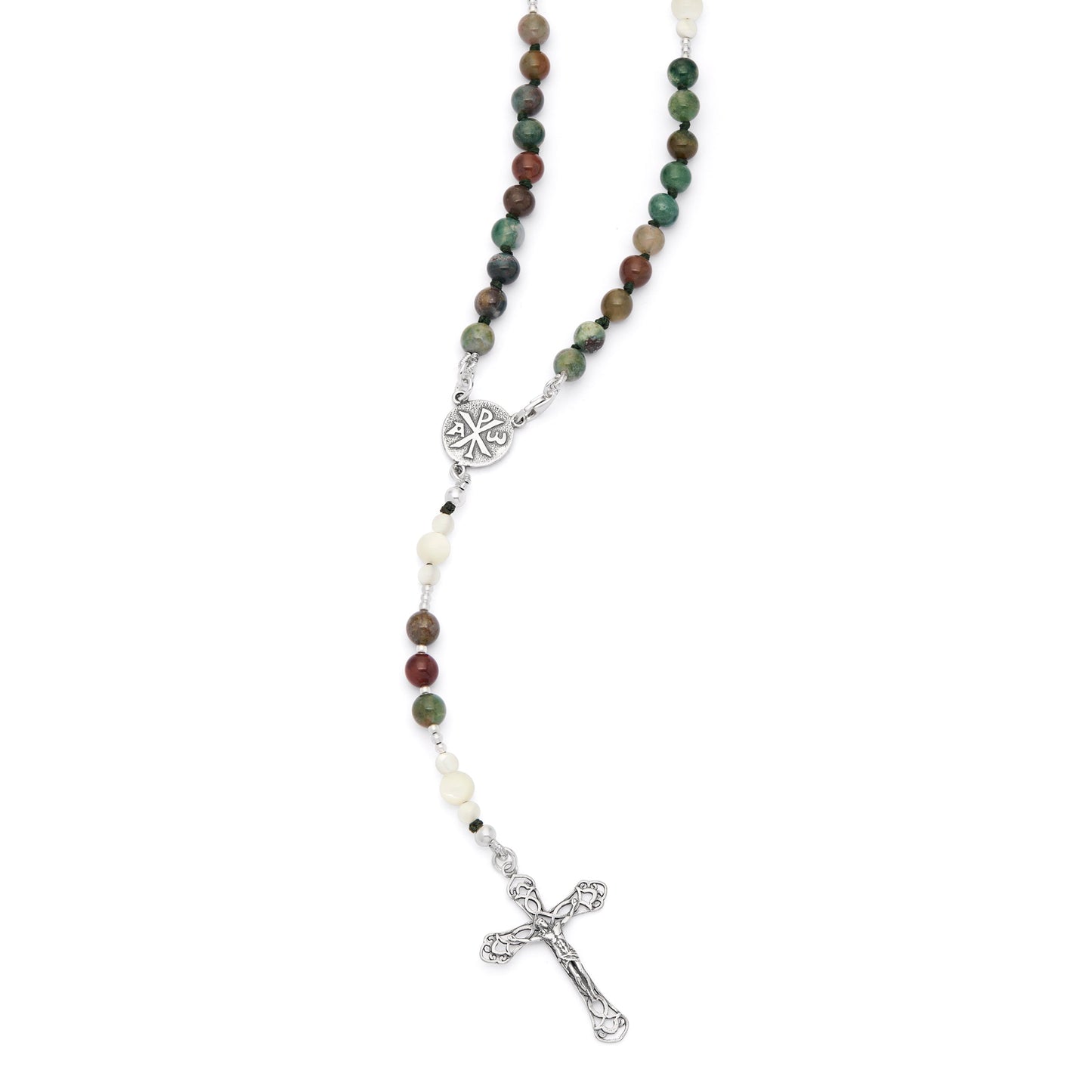 Mondo Cattolico Rosary 36 cm (14.17 in) / 46 cm (18.11 in) / 6 mm (0.24 in) Sterling Silver Rosary with Indian Agate and Mother-of-pearl Beads