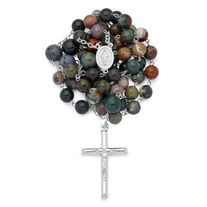 Mondo Cattolico Rosary 55 cm (21.65 in) / 75 cm (29.53 in) / 8 mm (0.31 in) Sterling Silver Rosary with Indian Agate Beads