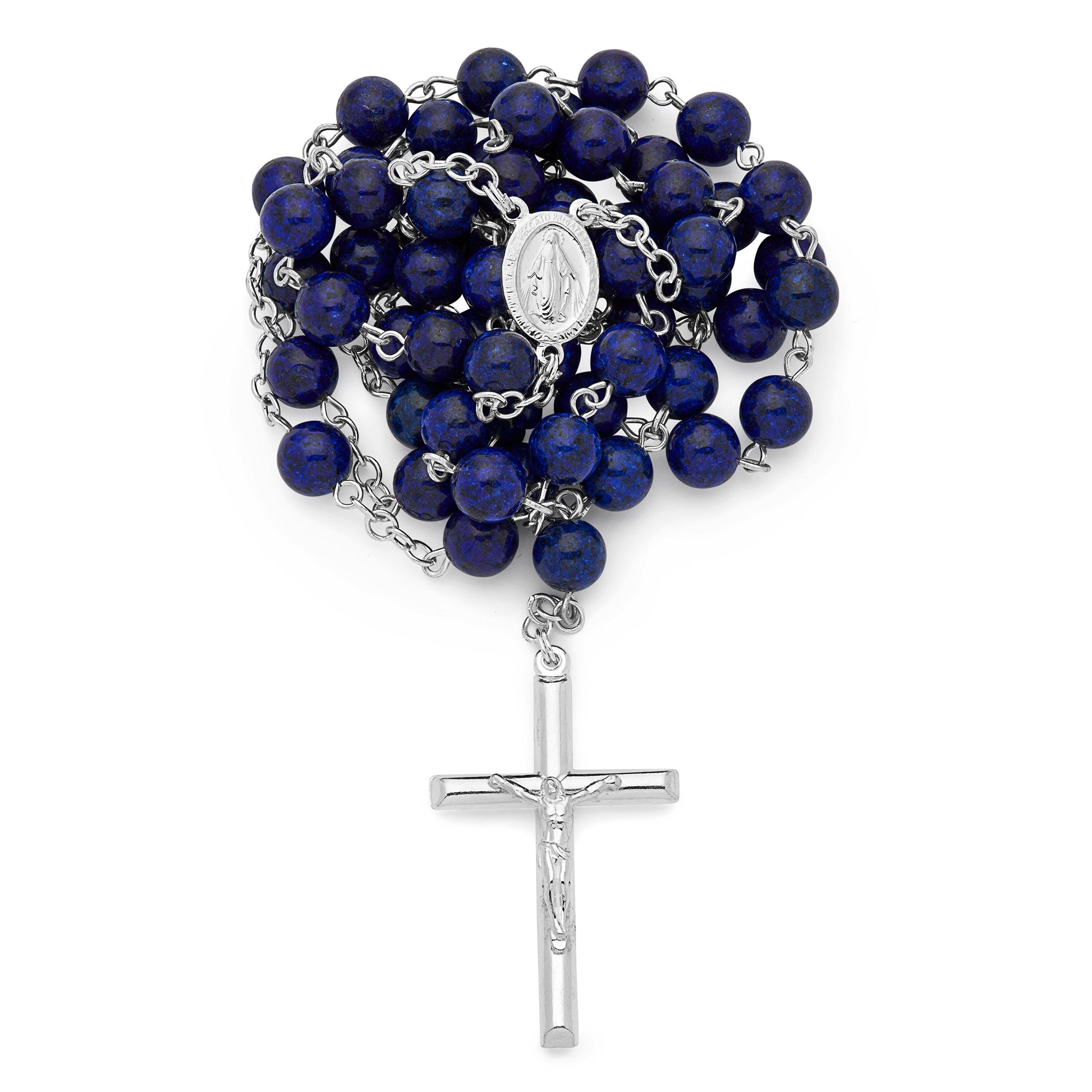 MONDO CATTOLICO ROMA Rosary 58 cm (22.83 in) / 80 cm (31.50 in) / 8 mm (0.31 in) Sterling Silver Rosary with Lapis Lazuli Beads