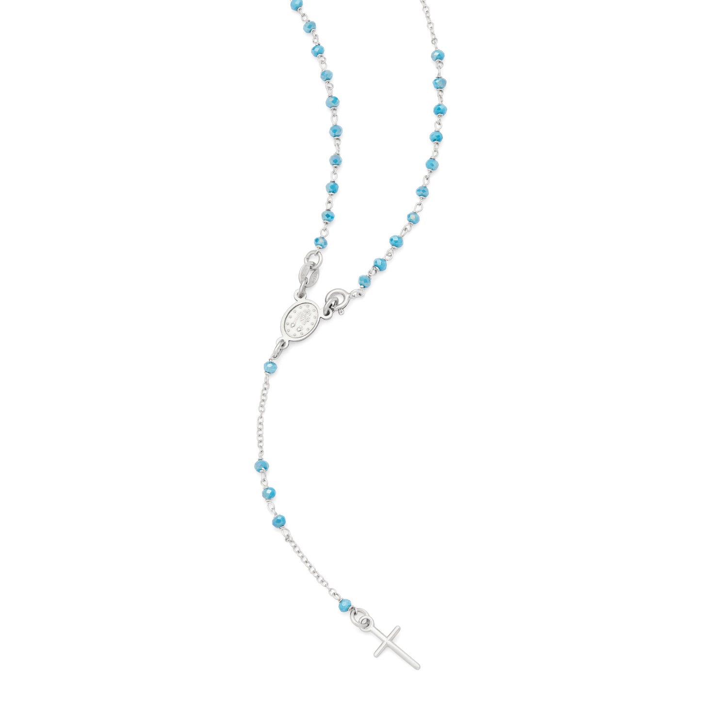 MONDO CATTOLICO ROMA Rosary 35 cm (13.78 in) / 50 cm (19.69 in) / 3 mm (0.12 in) Sterling Silver Rosary with Light Blue Beads