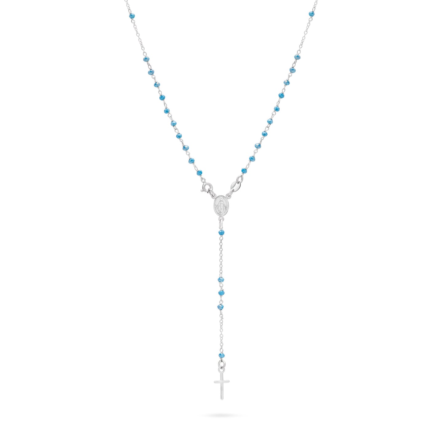 MONDO CATTOLICO ROMA Rosary 35 cm (13.78 in) / 50 cm (19.69 in) / 3 mm (0.12 in) Sterling Silver Rosary with Light Blue Beads